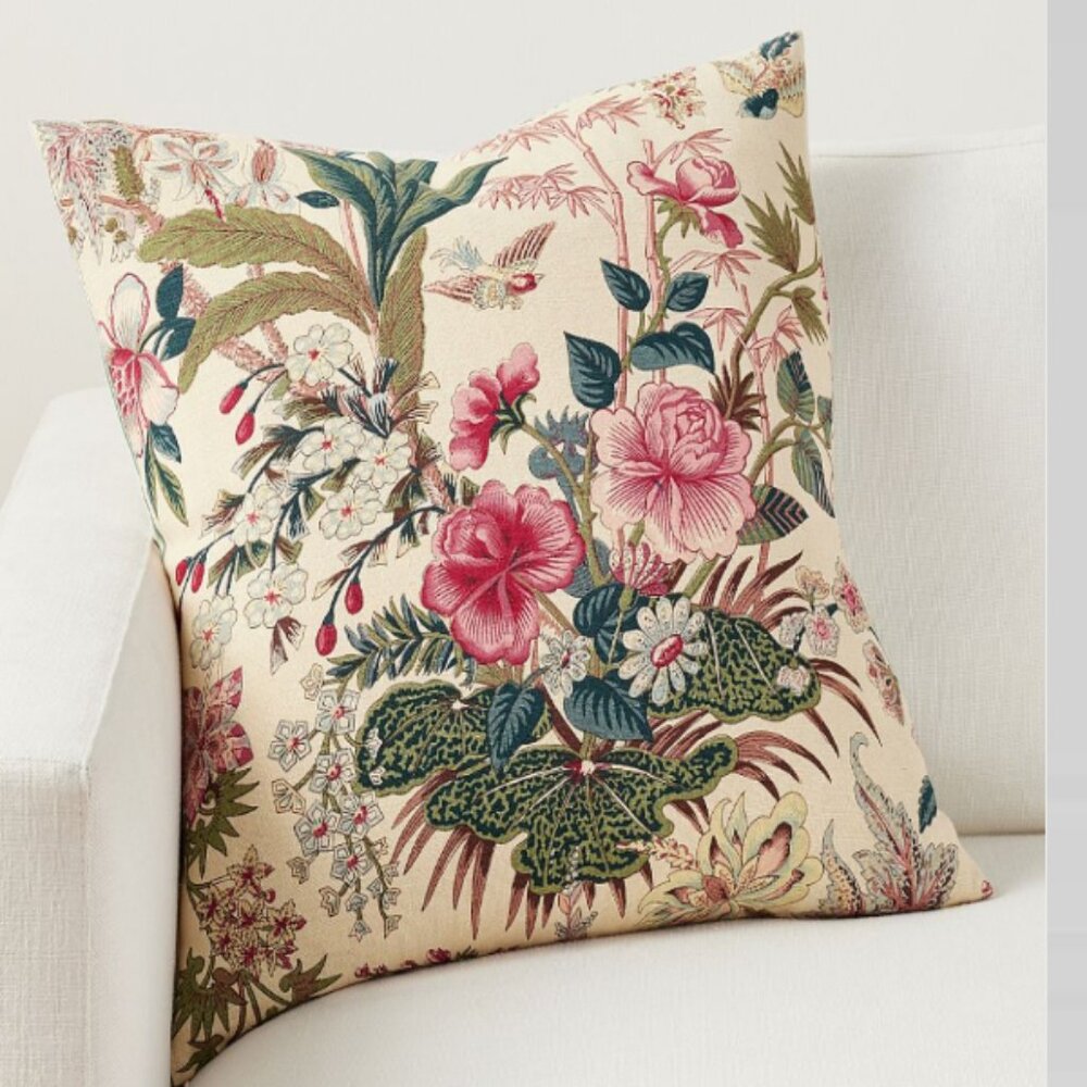 1 Pottery Barn Rose Floral Reversible Stripe Linen Cotton Pillow Cover  22 x 22